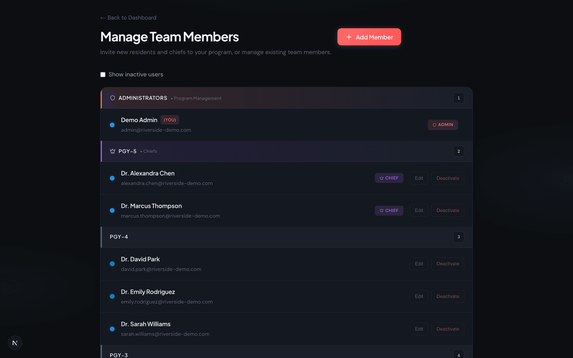 Team management interface grouped by PGY level